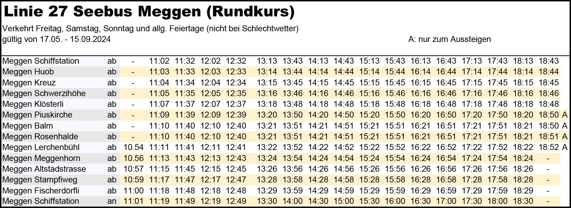 Der Fahrplan 2024 des Megger Seebusses.